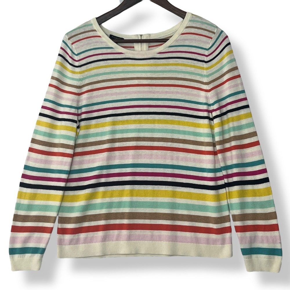 Talbots Petites LP Sweater‎ Rainbow Striped Ruffle Back Zip Pullover Knit Preppy